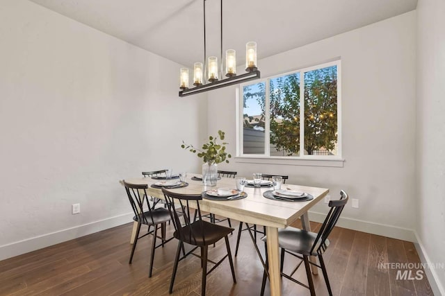 dining room featuring a chandelier, baseboards, and wood finished floors