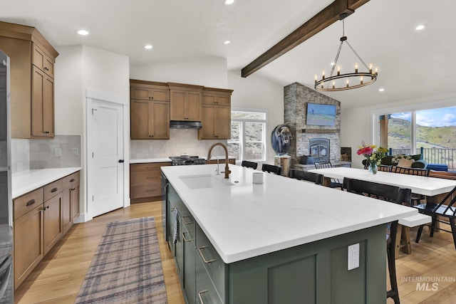44 Shoemaker Dr, Horseshoe Bend, ID 83629 - kitchen with a sink, under cabinet range hood, plenty of natural light, backsplash, and recessed lighting