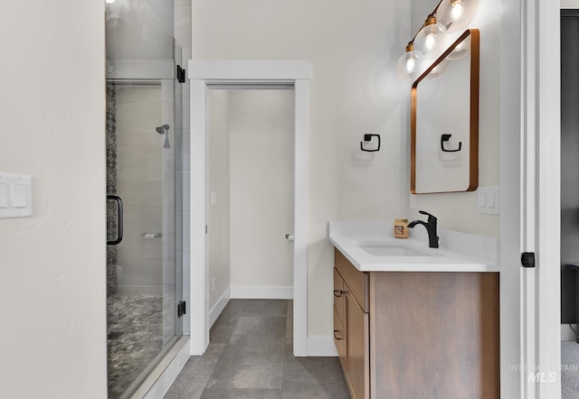 44 Shoemaker Dr, Horseshoe Bend, ID 83629 - bathroom featuring vanity, a stall shower, and baseboards