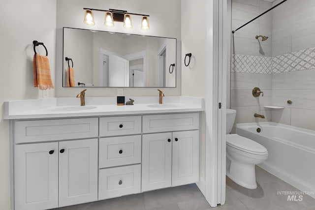 44 Shoemaker Dr, Horseshoe Bend, ID 83629 - full bath featuring double vanity, toilet, tile patterned flooring, and tub / shower combination