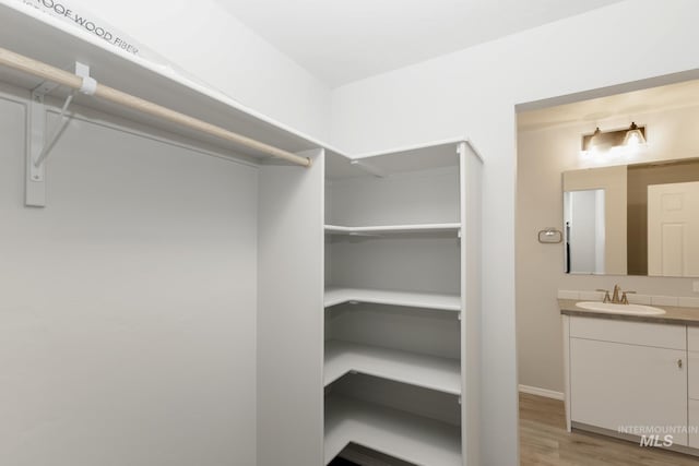 spacious closet with light wood finished floors and a sink