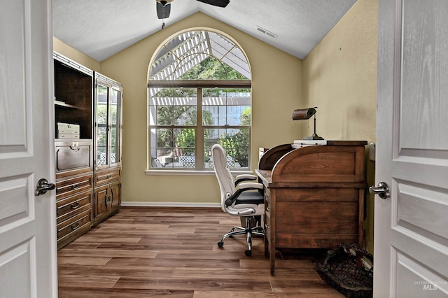 2814 N Cloverdale, Boise, ID 83713 - office area with ceiling fan, lofted ceiling, and wood finished floors