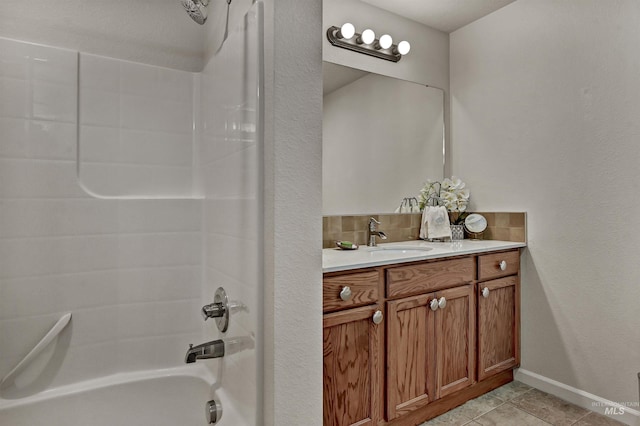 2814 N Cloverdale, Boise, ID 83713 - full bath featuring decorative backsplash, vanity, shower / washtub combination, and tile patterned floors