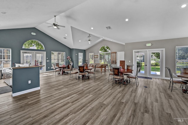 2814 N Cloverdale, Boise, ID 83713 - dining area with a ceiling fan, wood finished floors, french doors, recessed lighting, and high vaulted ceiling