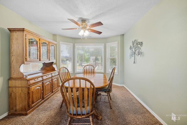 dining room with ceiling fan, carpet floors, and a textured ceiling