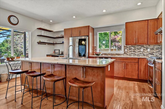 2942 E Eastgate Dr, Boise, ID 83716 - kitchen with appliances with stainless steel finishes, light wood-type flooring, a sink, under cabinet range hood, and plenty of natural light