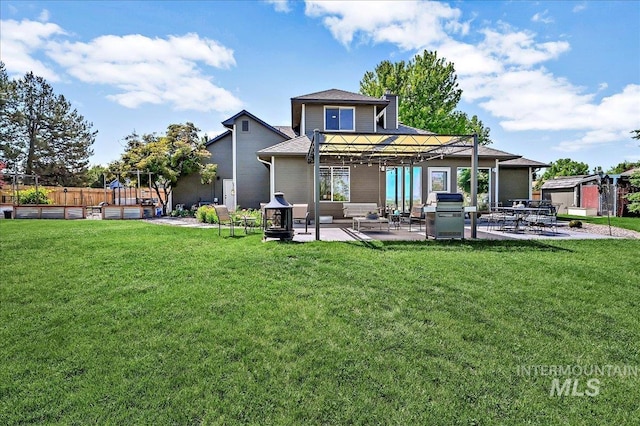 2942 E Eastgate Dr, Boise, ID 83716 - back of property featuring a pergola, a patio, a lawn, and a chimney