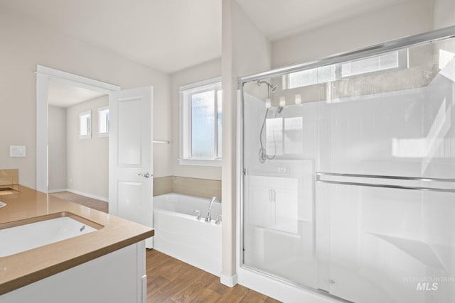 bathroom with vanity, wood-type flooring, and independent shower and bath