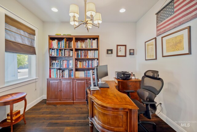 12371 S Abbott Downing Way, Nampa, ID 83686 - office area with a chandelier, baseboards, dark wood finished floors, and recessed lighting