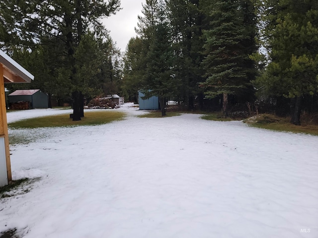 yard layered in snow with a storage unit