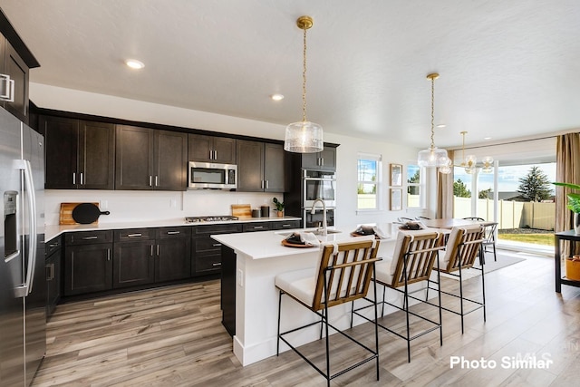 kitchen featuring sink, hanging light fixtures, a kitchen island with sink, a breakfast bar area, and stainless steel appliances