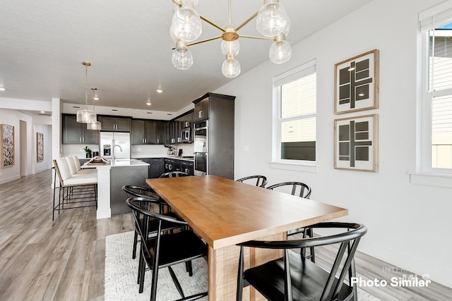 dining space with sink and light hardwood / wood-style flooring