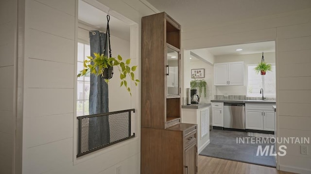 kitchen featuring a wealth of natural light, stainless steel dishwasher, white cabinets, and light wood-type flooring