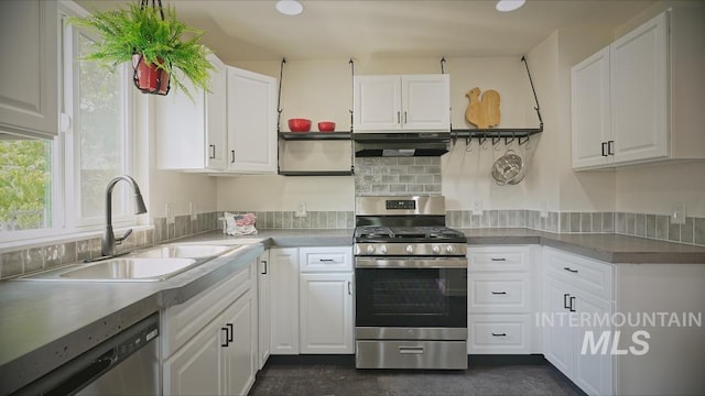 kitchen with white cabinetry, sink, decorative backsplash, and stainless steel appliances