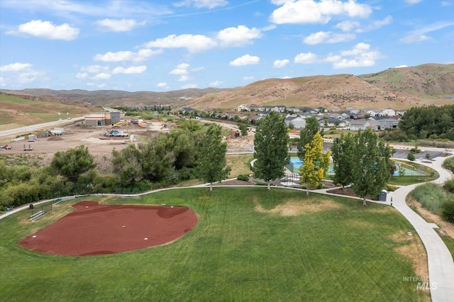 birds eye view of property featuring a mountain view