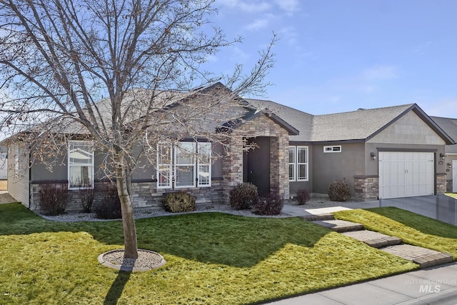 single story home with a garage, stone siding, stucco siding, and a front yard