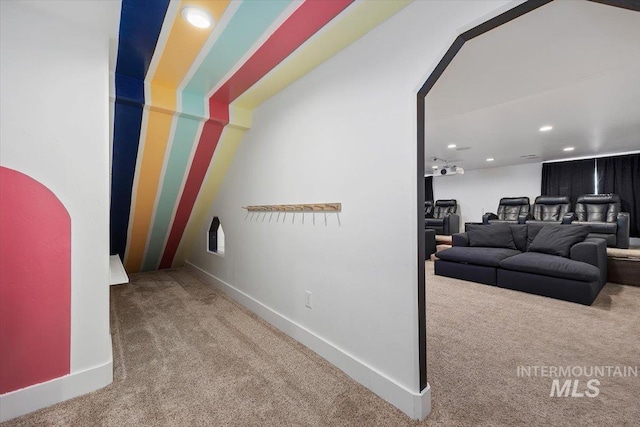 bonus room with carpet, baseboards, and recessed lighting