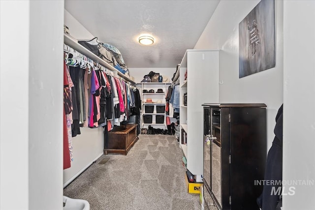 walk in closet with light carpet