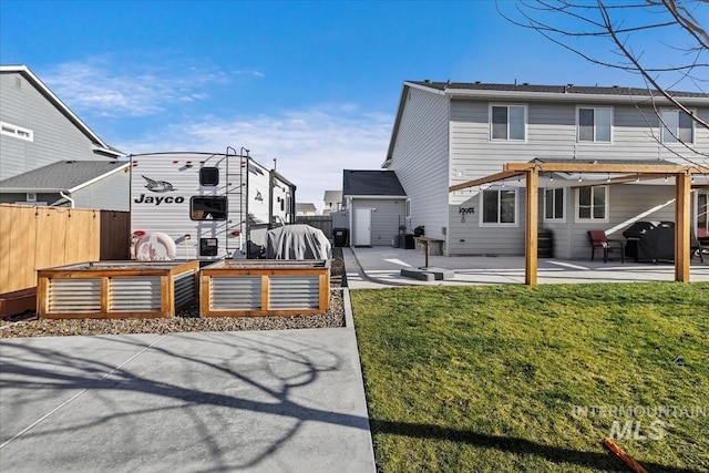 back of house with a lawn, cooling unit, a pergola, and a patio