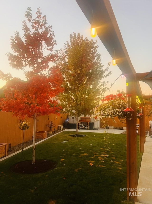 yard at dusk featuring a patio