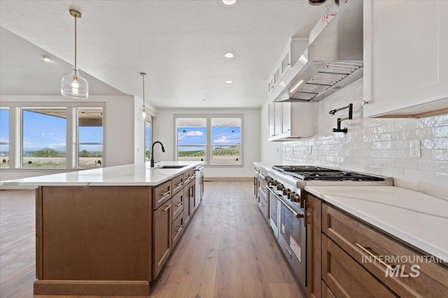 kitchen with wall chimney range hood, decorative backsplash, high end stove, a sink, and light wood-style flooring