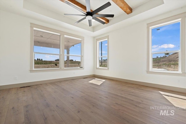 spare room with a ceiling fan, a tray ceiling, a healthy amount of sunlight, and hardwood / wood-style flooring