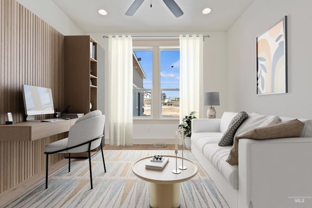 office area with recessed lighting, a ceiling fan, baseboards, and wood finished floors