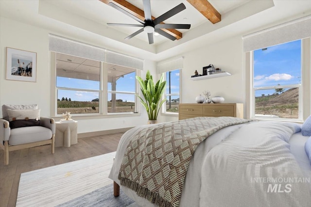 bedroom featuring wood-type flooring, a raised ceiling, beam ceiling, and multiple windows