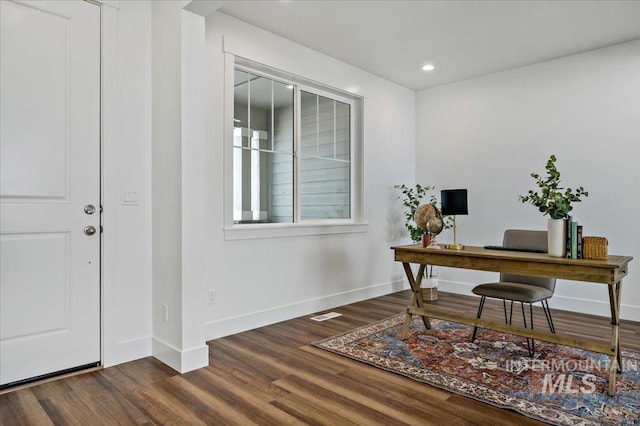 office featuring wood finished floors, recessed lighting, and baseboards