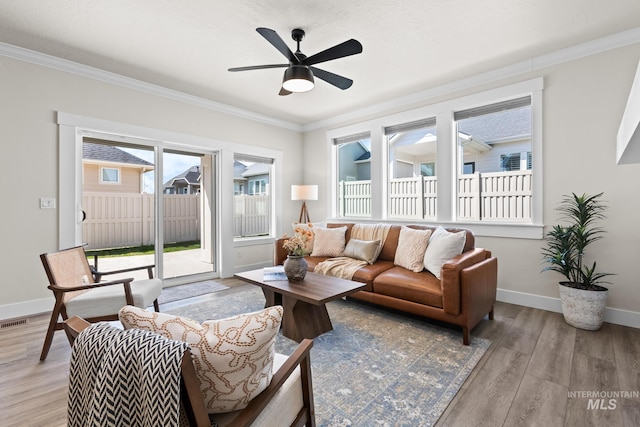living room featuring ceiling fan, visible vents, crown molding, baseboards, and light wood-style flooring