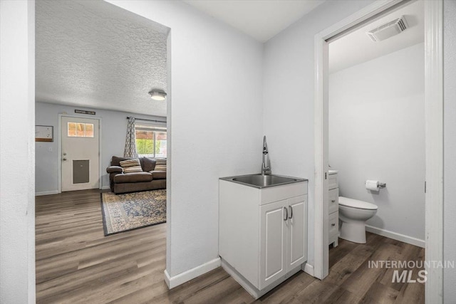 408 Tanoak Cir, Nampa, ID 83686 - bathroom with wood finished floors, visible vents, toilet, vanity, and baseboards