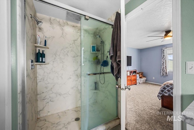 408 Tanoak Cir, Nampa, ID 83686 - full bathroom featuring connected bathroom, a ceiling fan, and a marble finish shower
