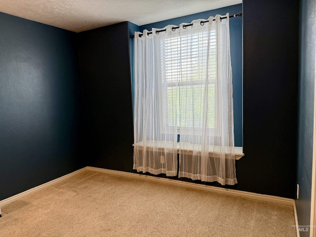empty room featuring carpet floors, baseboards, and a textured ceiling