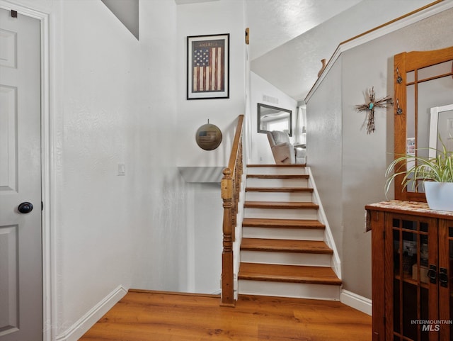 staircase with hardwood / wood-style floors