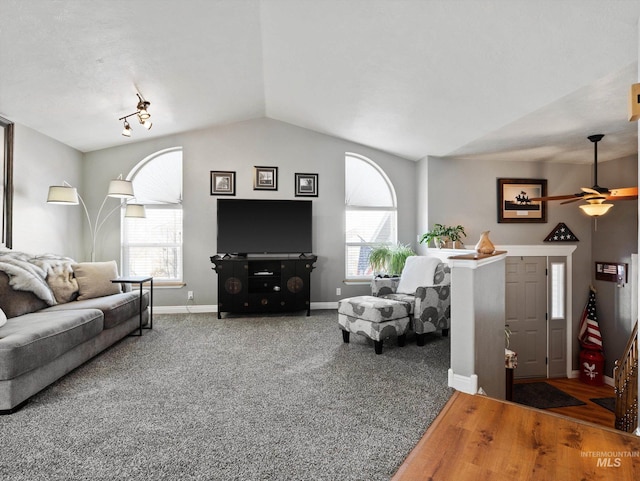 living room with vaulted ceiling and carpet