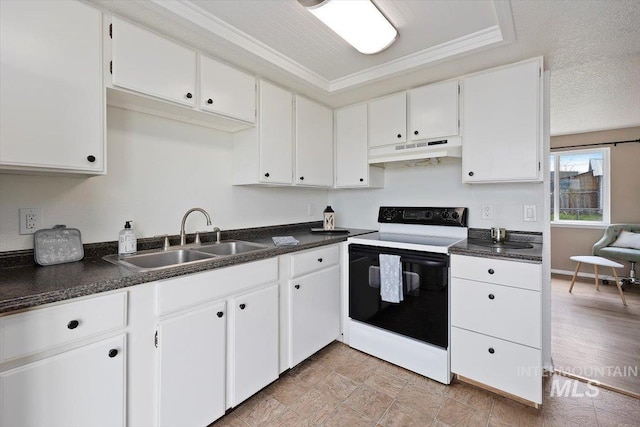 kitchen with under cabinet range hood, dark countertops, range with electric cooktop, and a sink