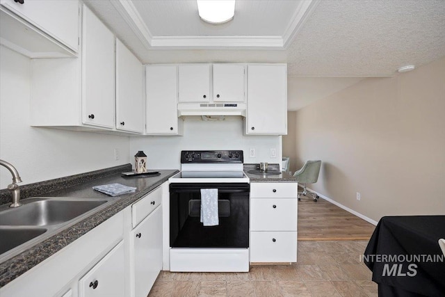 kitchen featuring dark countertops, electric range oven, a sink, under cabinet range hood, and white cabinetry