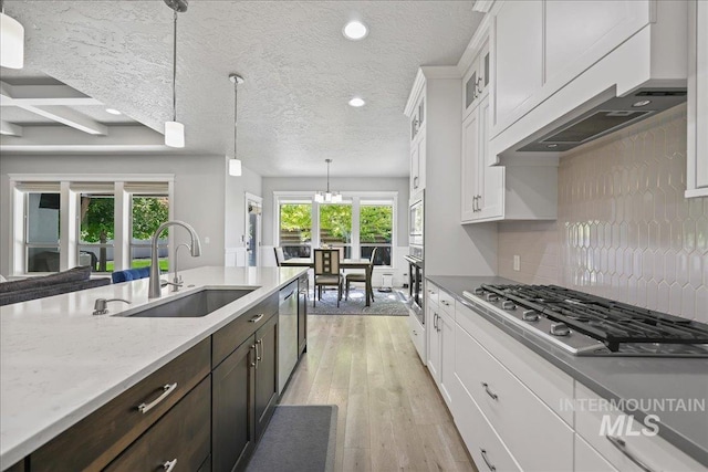 1753 S Kimball Way, Boise, ID 83709 - kitchen featuring appliances with stainless steel finishes, a sink, custom range hood, glass insert cabinets, and white cabinets