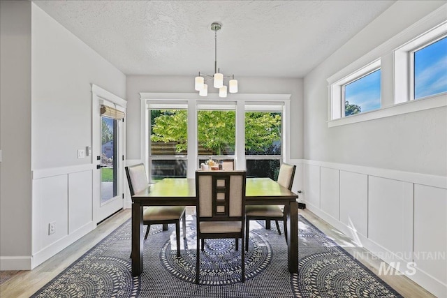 1753 S Kimball Way, Boise, ID 83709 - dining room with a chandelier, a textured ceiling, wood finished floors, a wainscoted wall, and a decorative wall