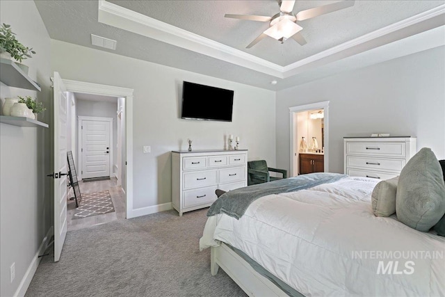 1753 S Kimball Way, Boise, ID 83709 - bedroom with a tray ceiling, crown molding, light colored carpet, baseboards, and a ceiling fan