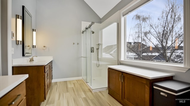 bathroom featuring a shower stall, vaulted ceiling, wood finished floors, and vanity