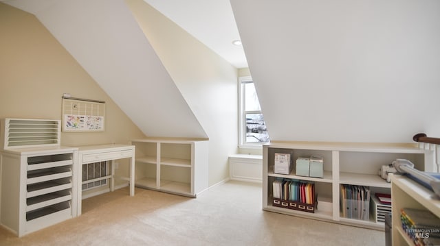 additional living space featuring vaulted ceiling, carpet floors, and recessed lighting