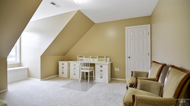 home office featuring carpet floors, visible vents, and baseboards