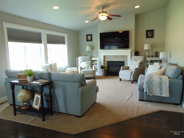 983 S St, Vale, OR 97918 - living room with ceiling fan, hardwood / wood-style floors, a fireplace, recessed lighting, and lofted ceiling
