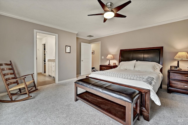 bedroom featuring crown molding, ceiling fan, and carpet