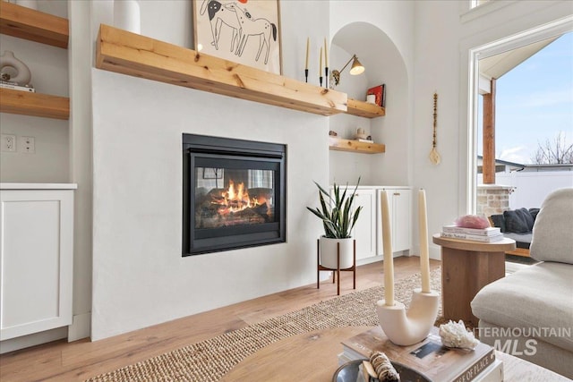 living area with built in shelves, light wood finished floors, and a multi sided fireplace