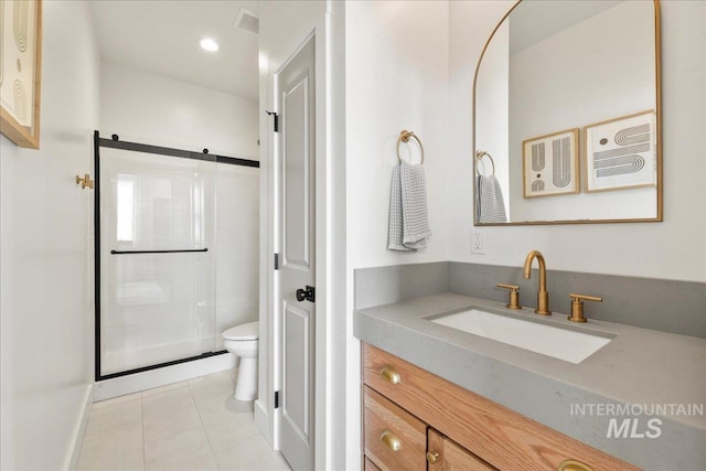 full bathroom with a stall shower, visible vents, toilet, tile patterned flooring, and vanity