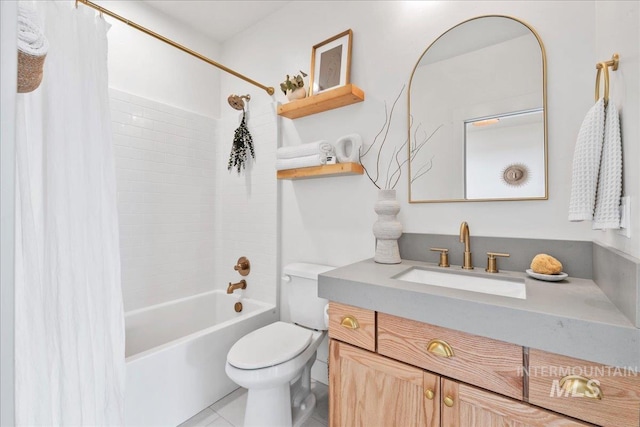 full bathroom featuring toilet, shower / bathtub combination with curtain, tile patterned flooring, and vanity