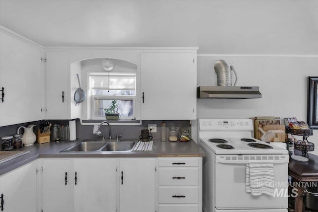 1315 E Lincoln Ave, Nampa, ID 83686 - kitchen featuring white electric range oven, a sink, under cabinet range hood, white cabinetry, and arched walkways