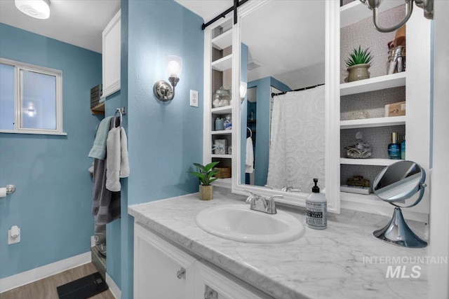 1315 E Lincoln Ave, Nampa, ID 83686 - bathroom featuring vanity, built in features, and wood finished floors